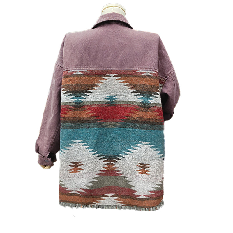 Southwestern Geometric Print Denim Jacket - BrickRed - 1