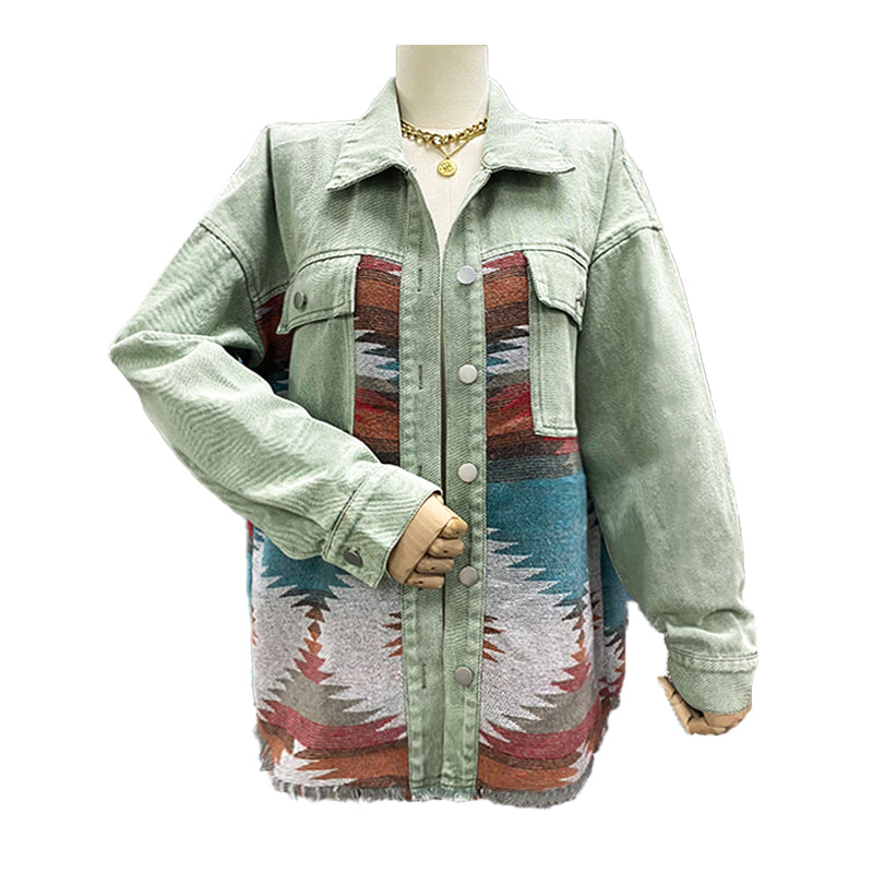 Southwestern Geometric Print Denim Jacket - Green