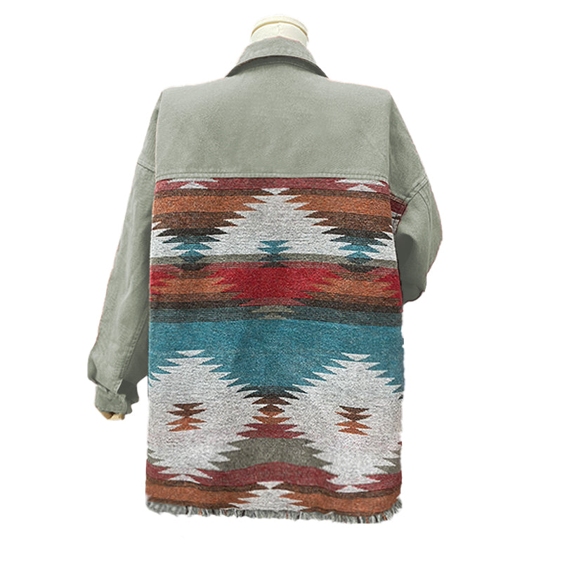 Southwestern Geometric Print Denim Jacket - Green - 1