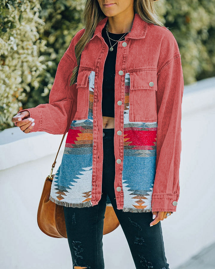 Southwestern Geometric Print Denim Jacket - Red