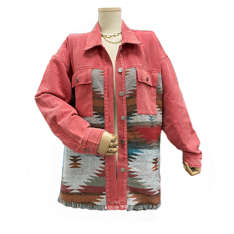Southwestern Geometric Print Denim Jacket - Red - 1