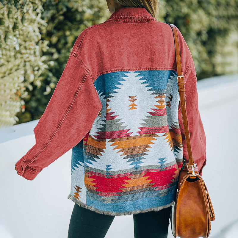 Southwestern Geometric Print Denim Jacket - Red - 2