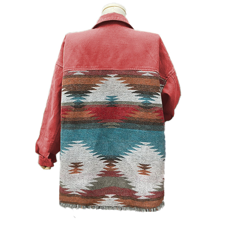 Southwestern Geometric Print Denim Jacket - Red - 3