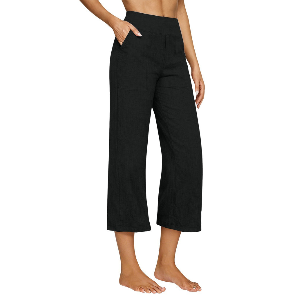 Cotton Linen Wide Leg Pull-On Capri Pants - Black