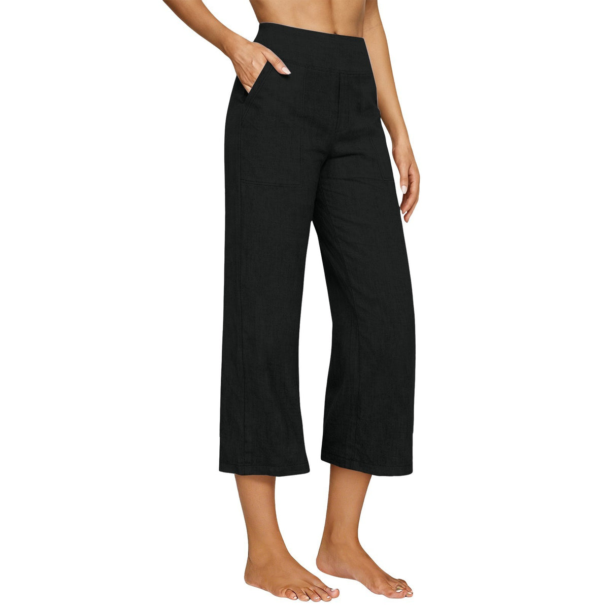 Cotton Linen Wide Leg Pull-On Capri Pants - Black