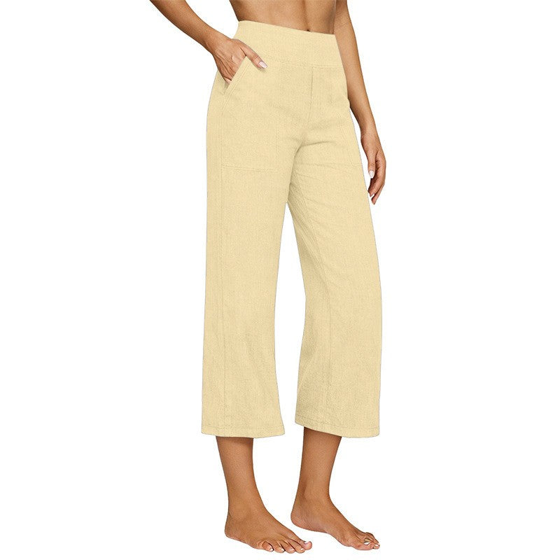 Cotton Linen Wide Leg Pull-On Capri Pants - Butter Yellow