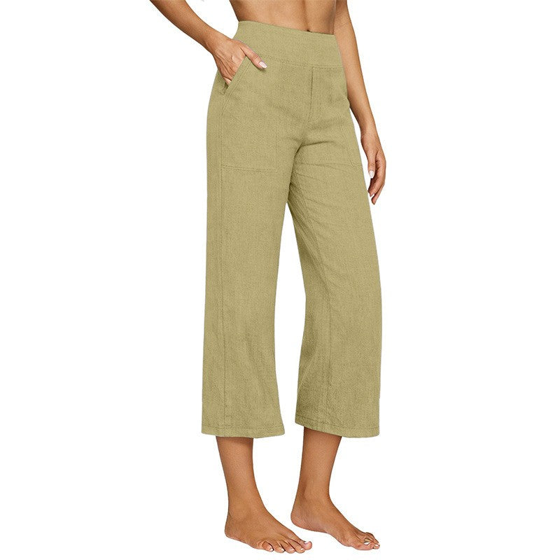 Cotton Linen Wide Leg Pull-On Capri Pants - Khaki