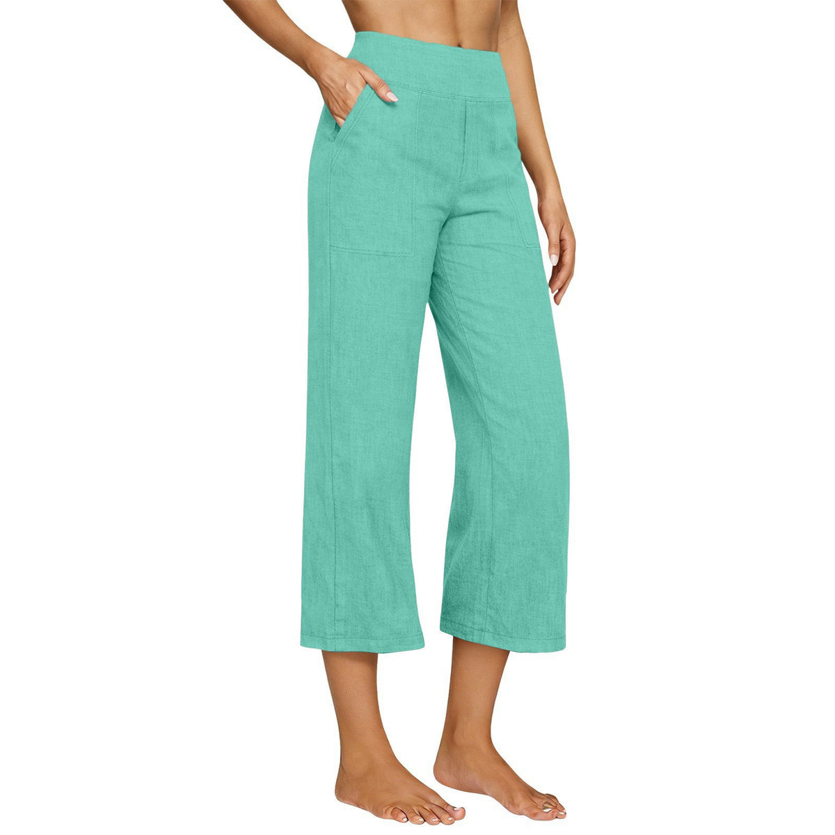 Cotton Linen Wide Leg Pull-On Capri Pants - Mint