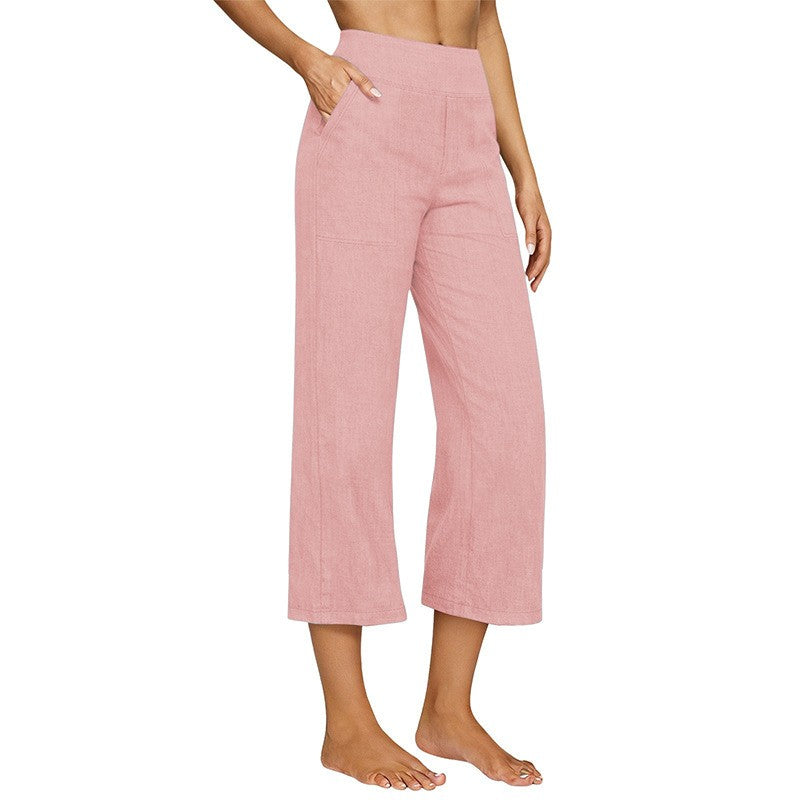 Cotton Linen Wide Leg Pull-On Capri Pants - Pink