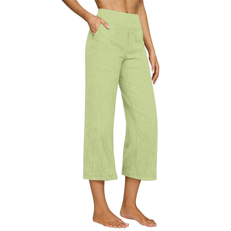 Cotton Linen Wide Leg Pull-On Capri Pants - Pistachio