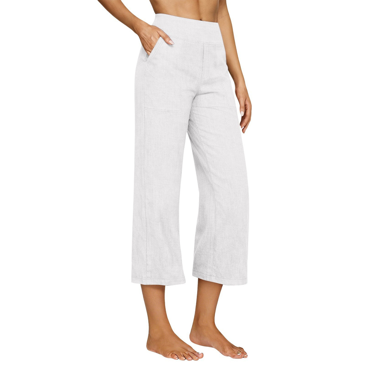 Cotton Linen Wide Leg Pull-On Capri Pants - White