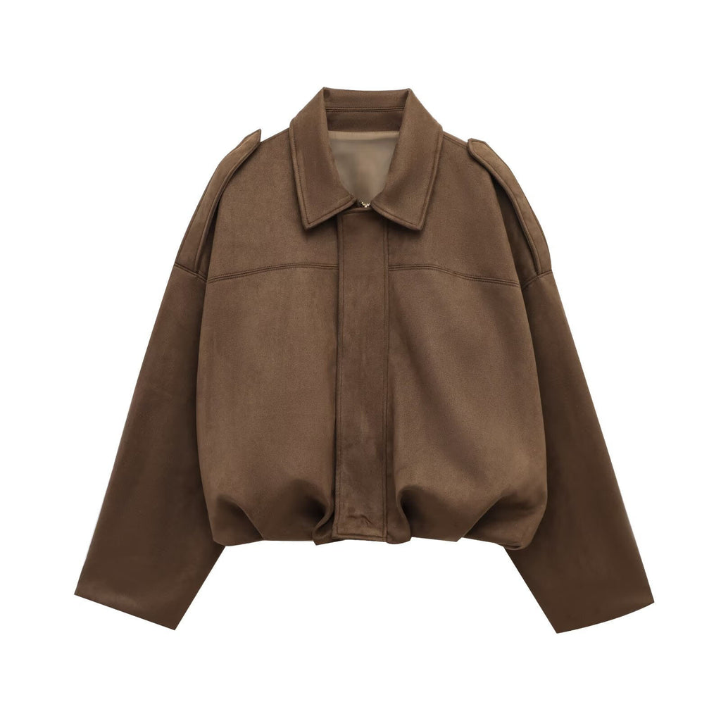 Faux Suede Batwing Sleeve Bomber Jacket - Brown