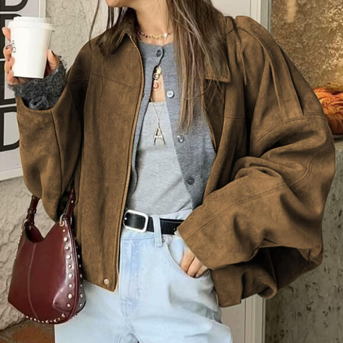 Faux Suede Batwing Sleeve Bomber Jacket - Brown - 1