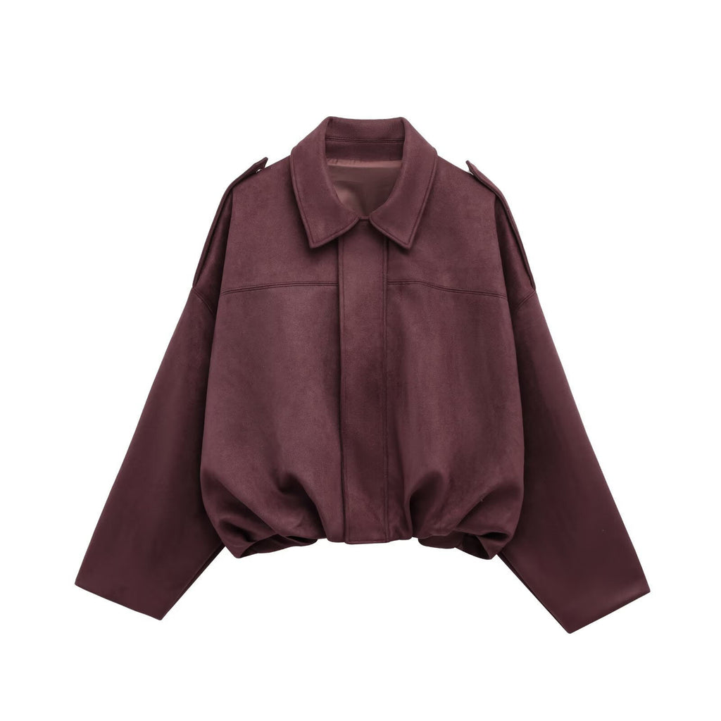 Faux Suede Batwing Sleeve Bomber Jacket - DarkRed