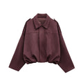 Faux Suede Batwing Sleeve Bomber Jacket - DarkRed