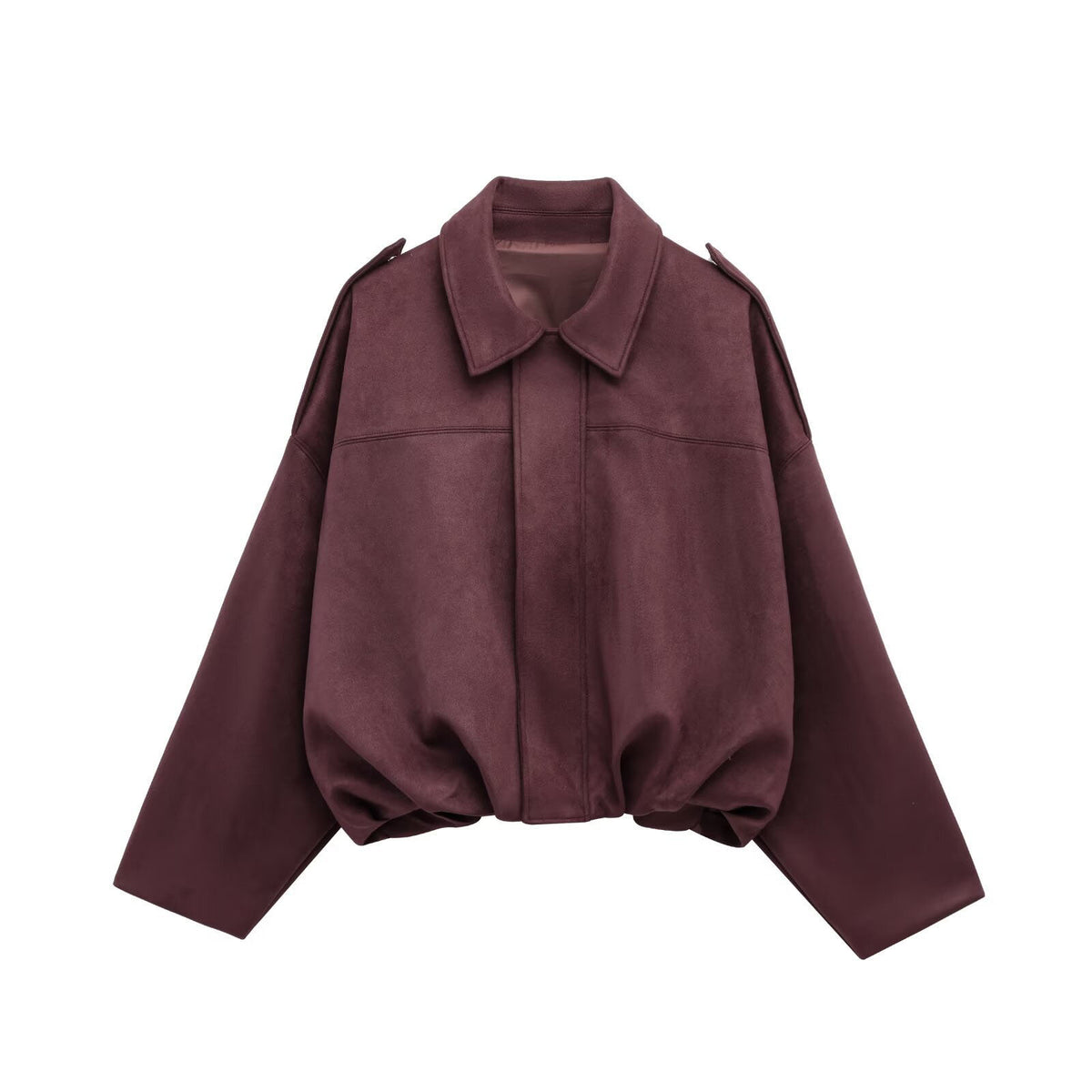Faux Suede Batwing Sleeve Bomber Jacket - DarkRed