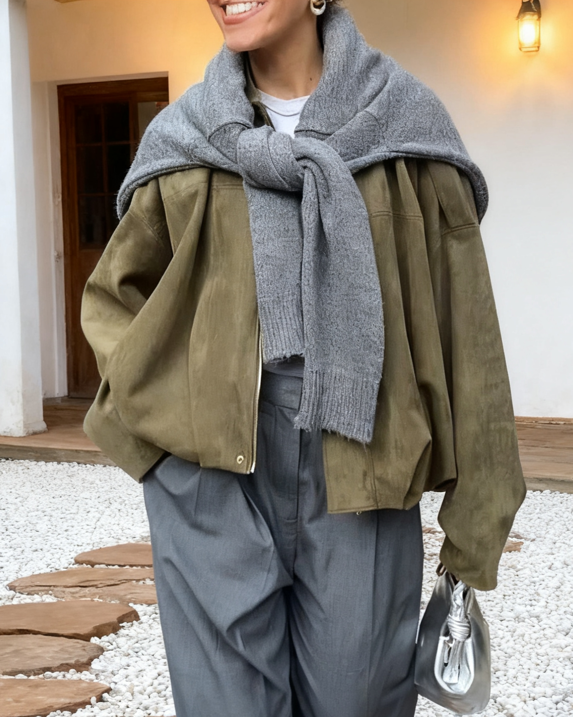 Faux Suede Batwing Sleeve Bomber Jacket - DkGreen