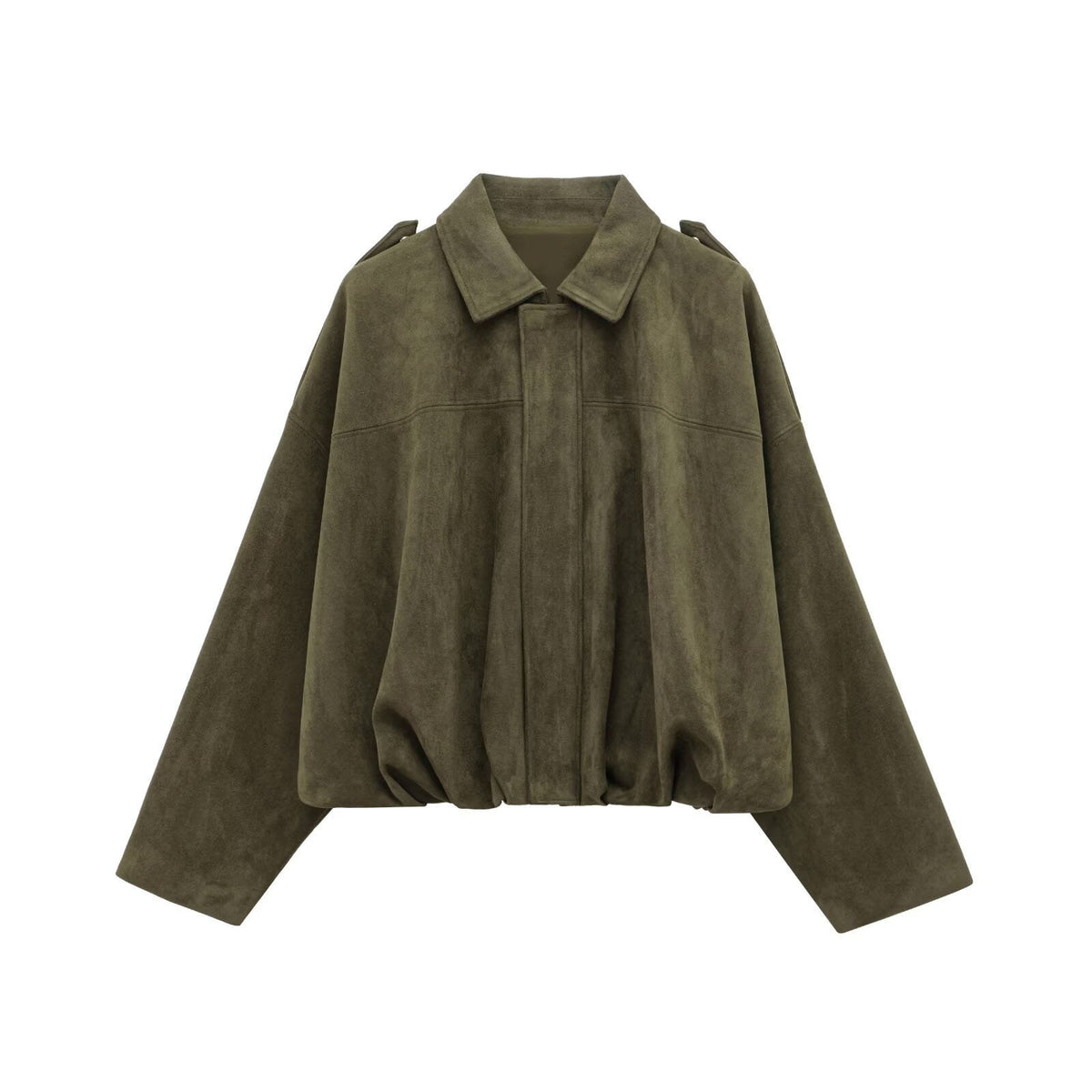 Faux Suede Batwing Sleeve Bomber Jacket - DkGreen - 1