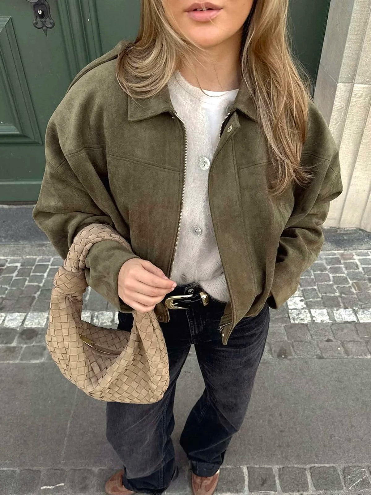 Faux Suede Batwing Sleeve Bomber Jacket - DkGreen - 2