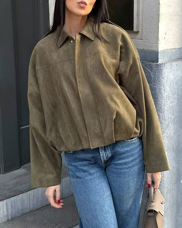 Faux Suede Batwing Sleeve Bomber Jacket - DkGreen - 3