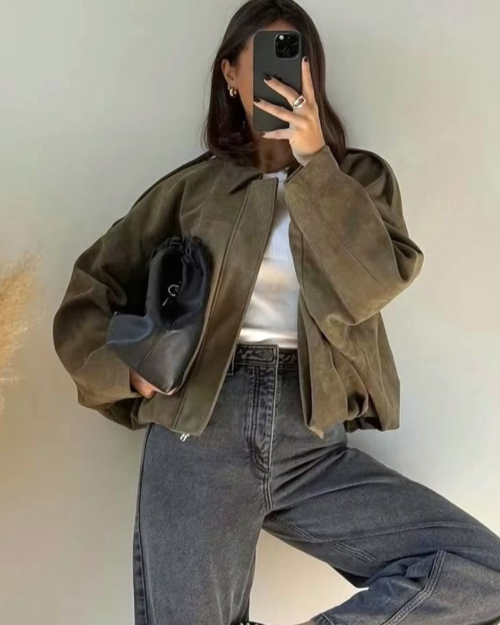 Faux Suede Batwing Sleeve Bomber Jacket - DkGreen - 4