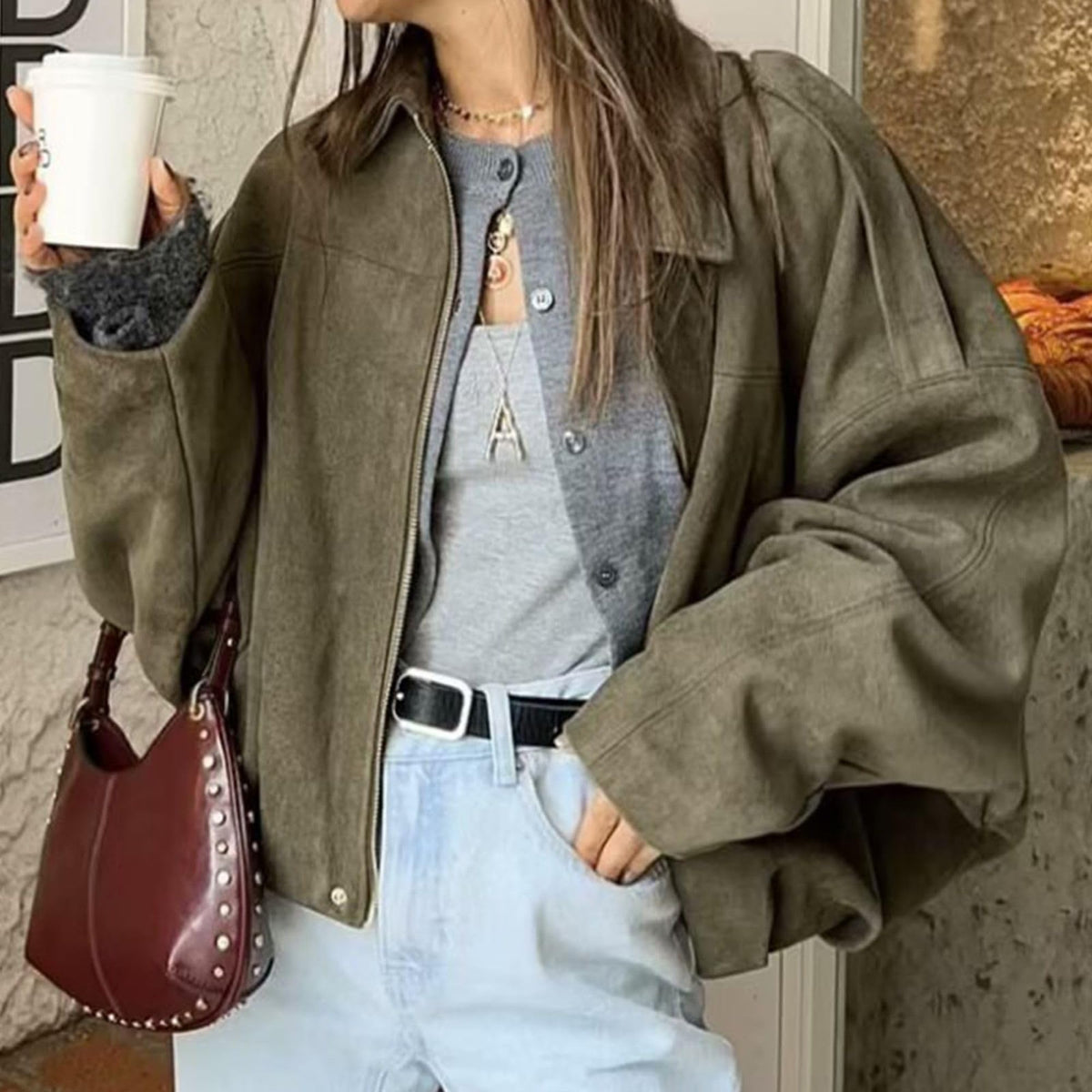 Faux Suede Batwing Sleeve Bomber Jacket - DkGreen - 5