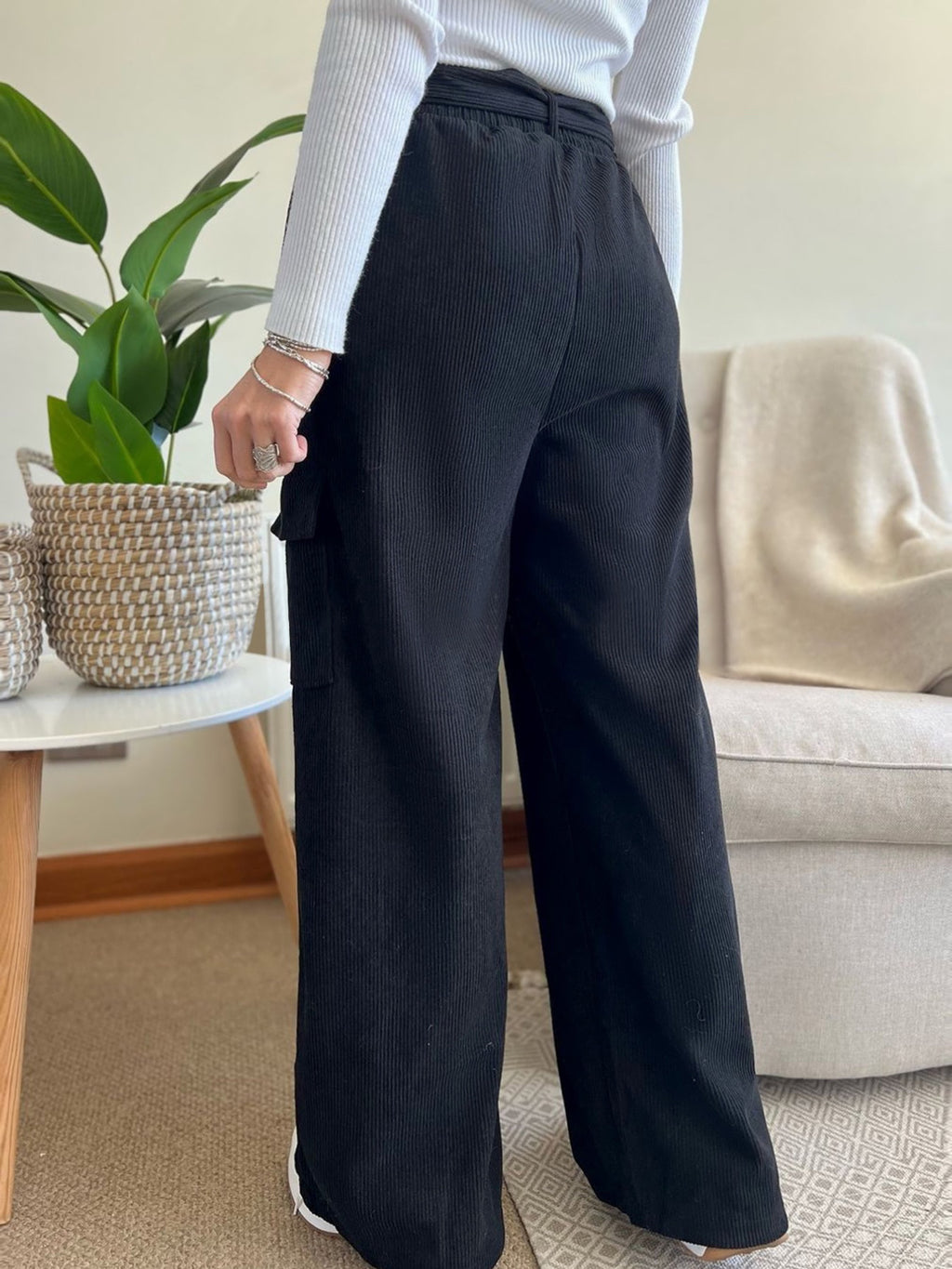 Corduroy Wide Leg Cargo Trousers - Darkblue - 2