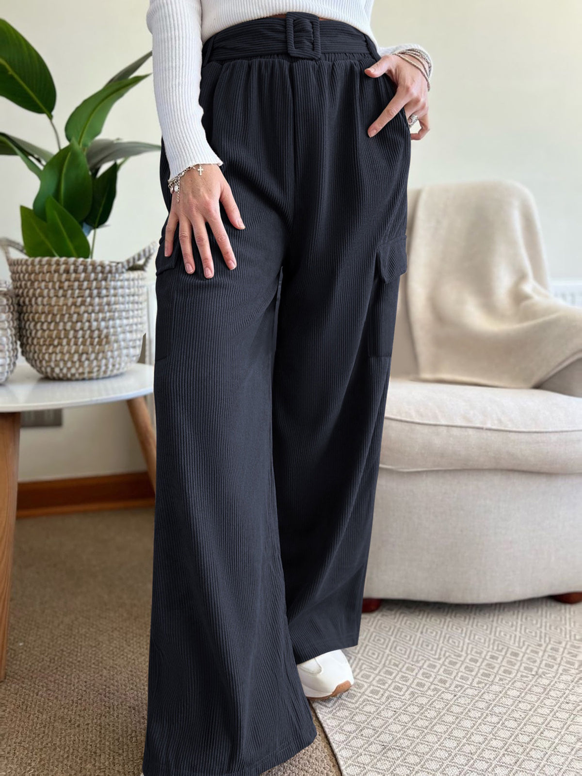 Corduroy Wide Leg Cargo Trousers - Darkblue - 3