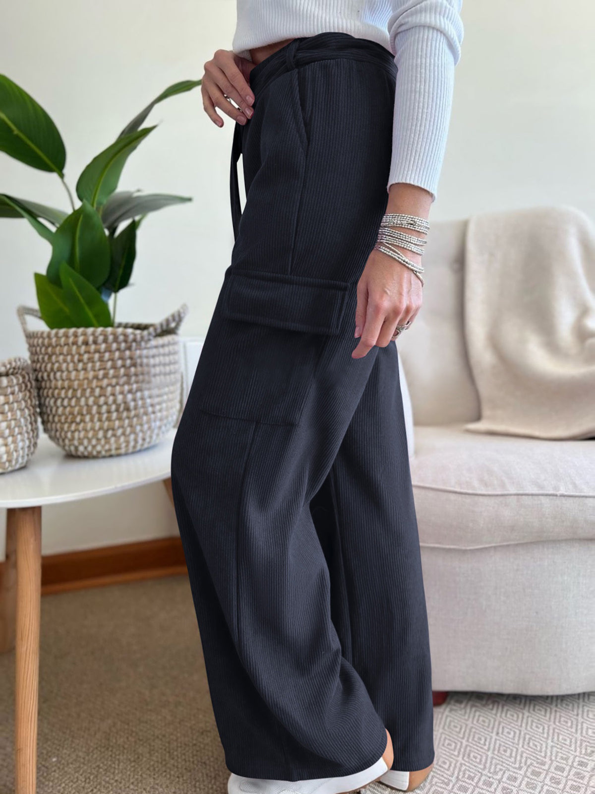 Corduroy Wide Leg Cargo Trousers - Darkblue - 4
