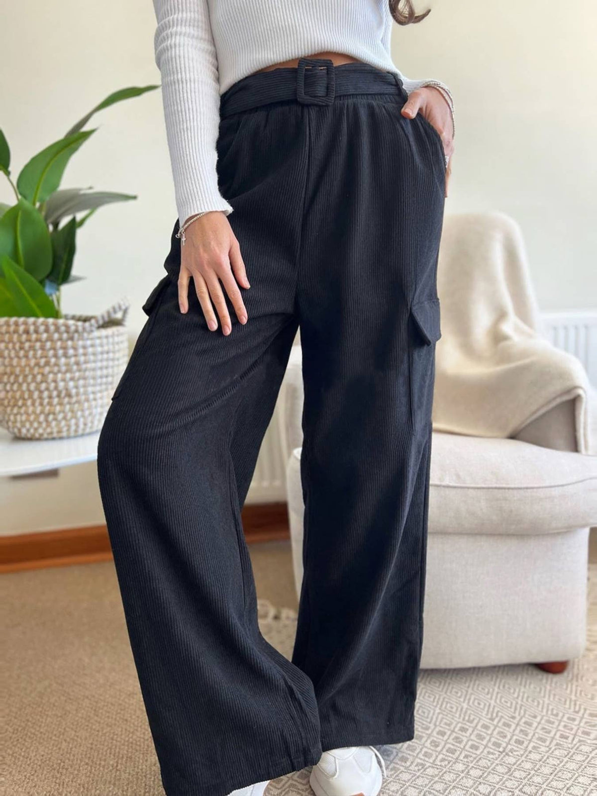 Corduroy Wide Leg Cargo Trousers