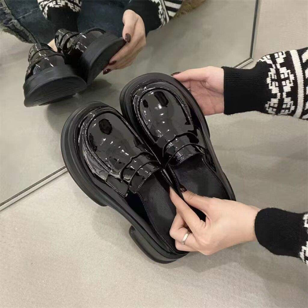 Chunky Platform Penny Loafer Mules - Patent Black