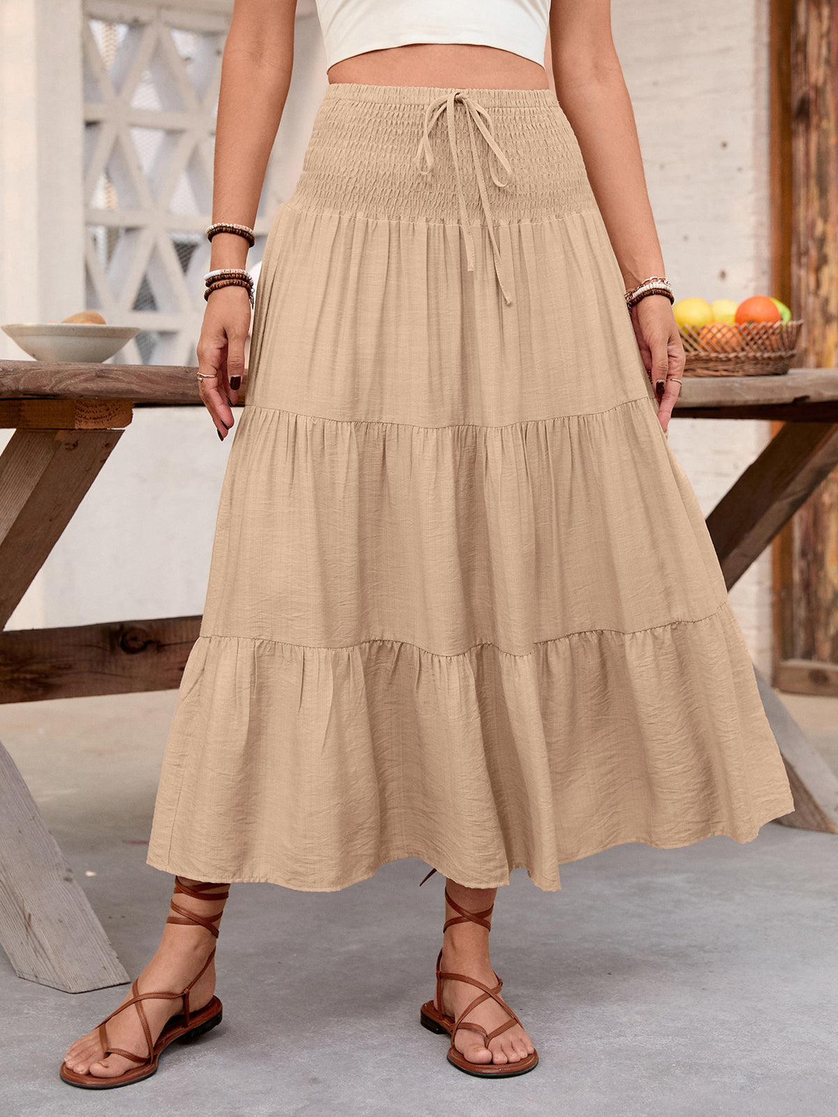 Tiered Drawstring Smocked Waist Maxi Skirt - Khaki - 3