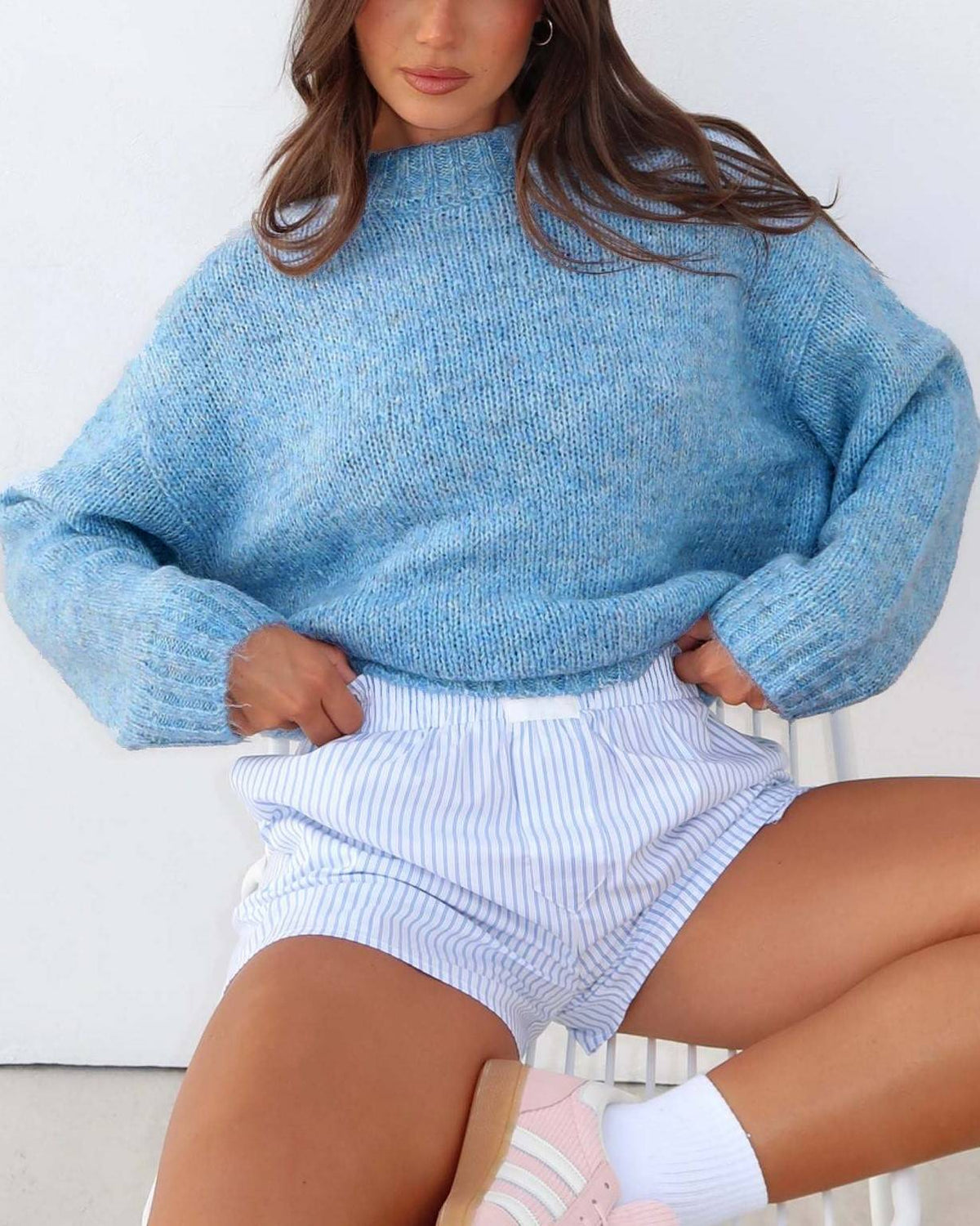 Mock Neck Drop Shoulder Chunky Sweater - Blue
