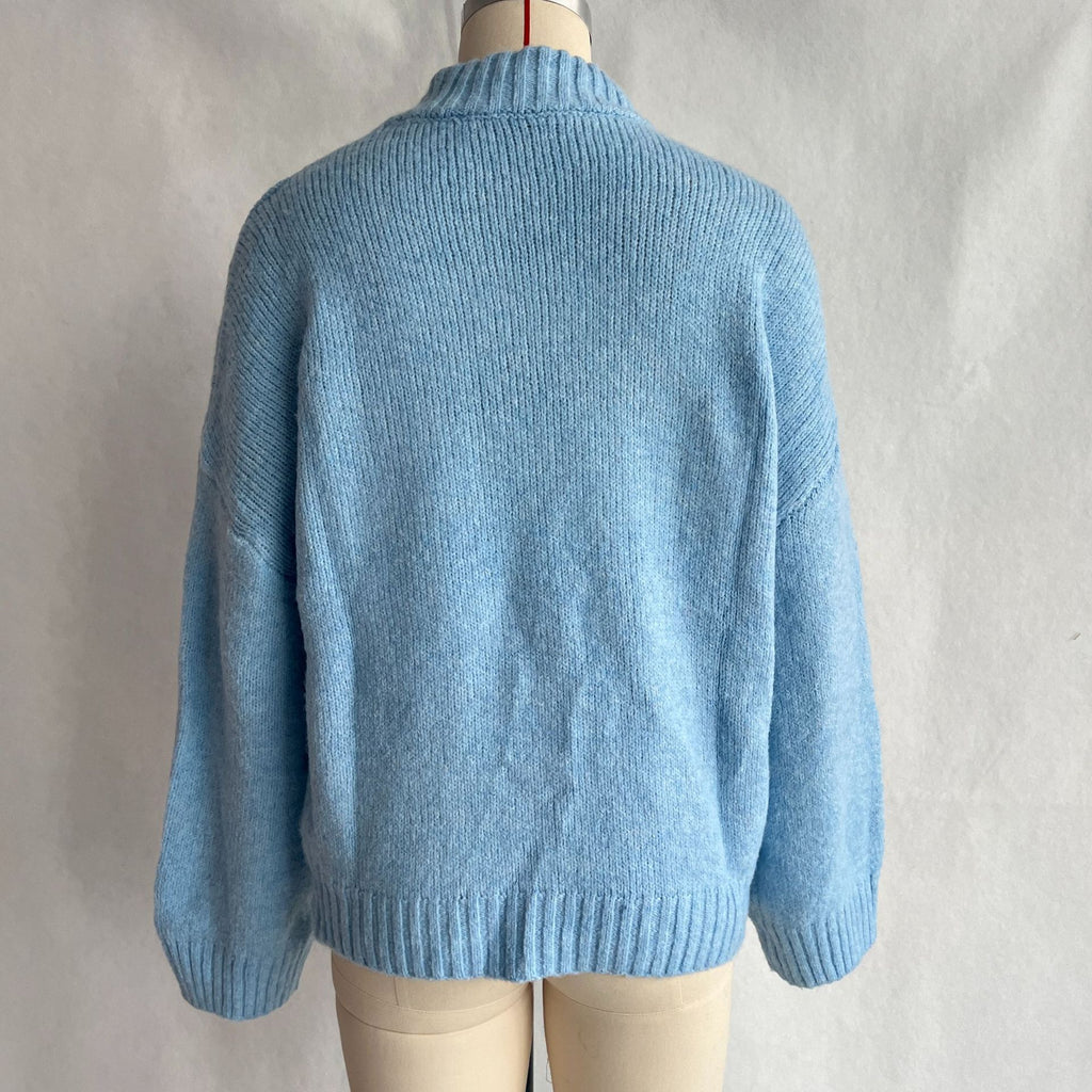 Mock Neck Drop Shoulder Chunky Sweater - Blue - 2