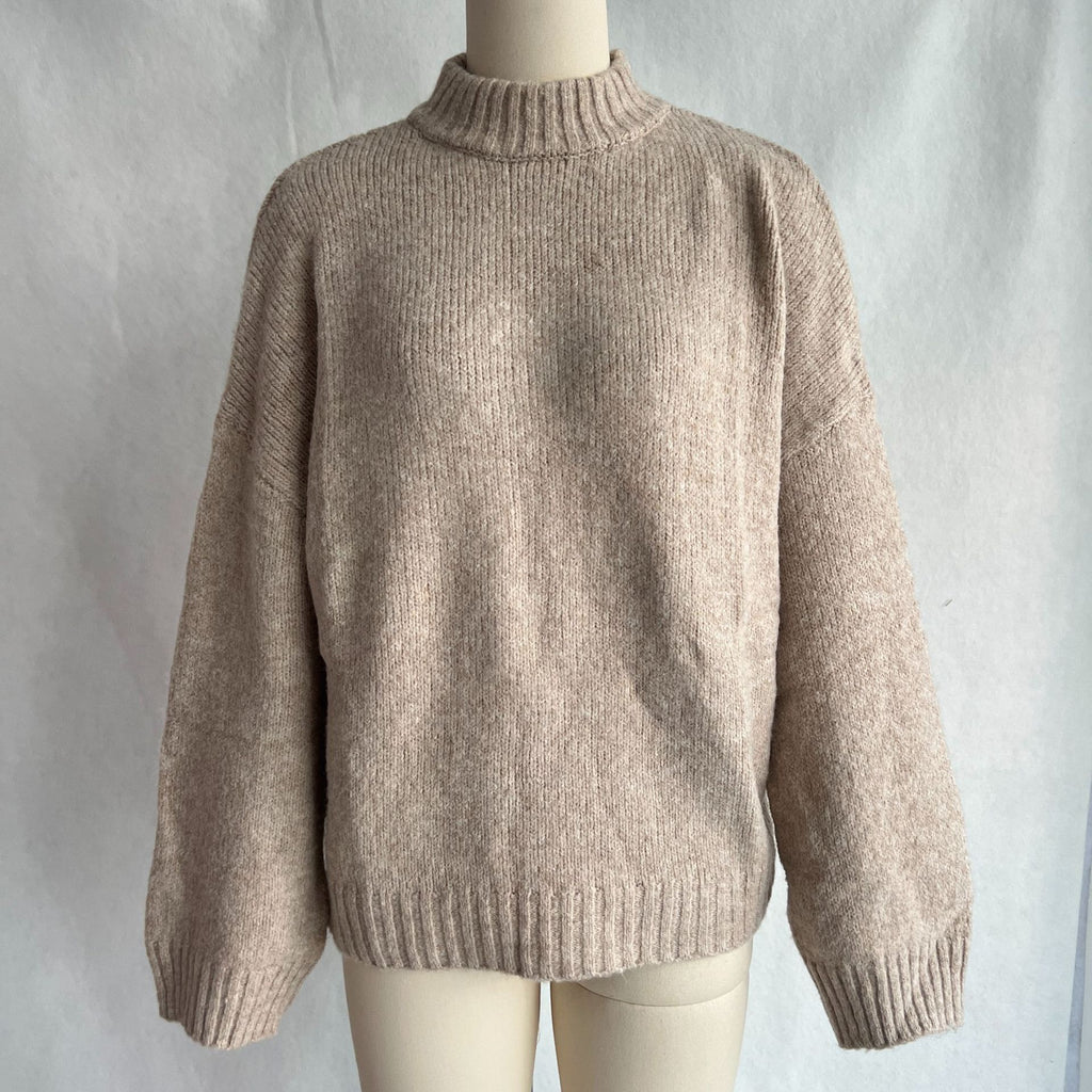 Mock Neck Drop Shoulder Chunky Sweater - Khaki