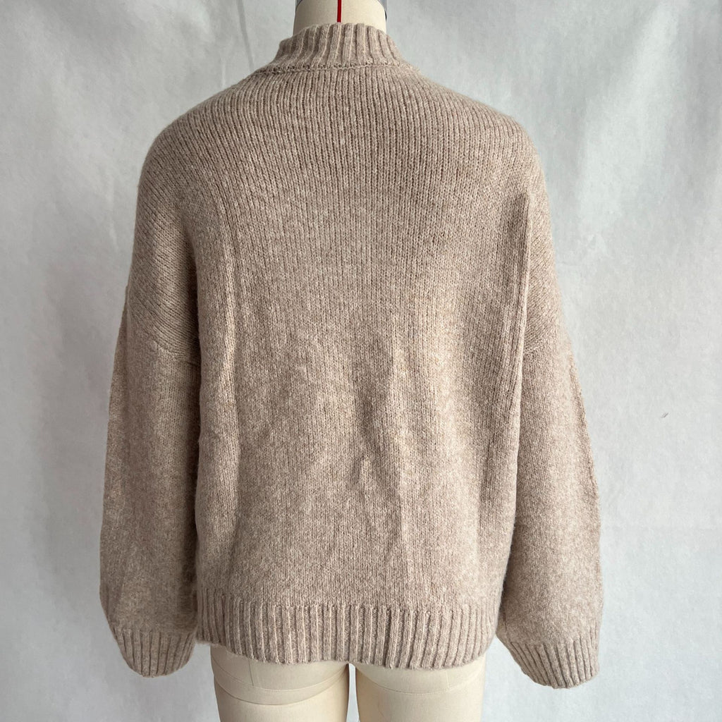 Mock Neck Drop Shoulder Chunky Sweater - Khaki - 1
