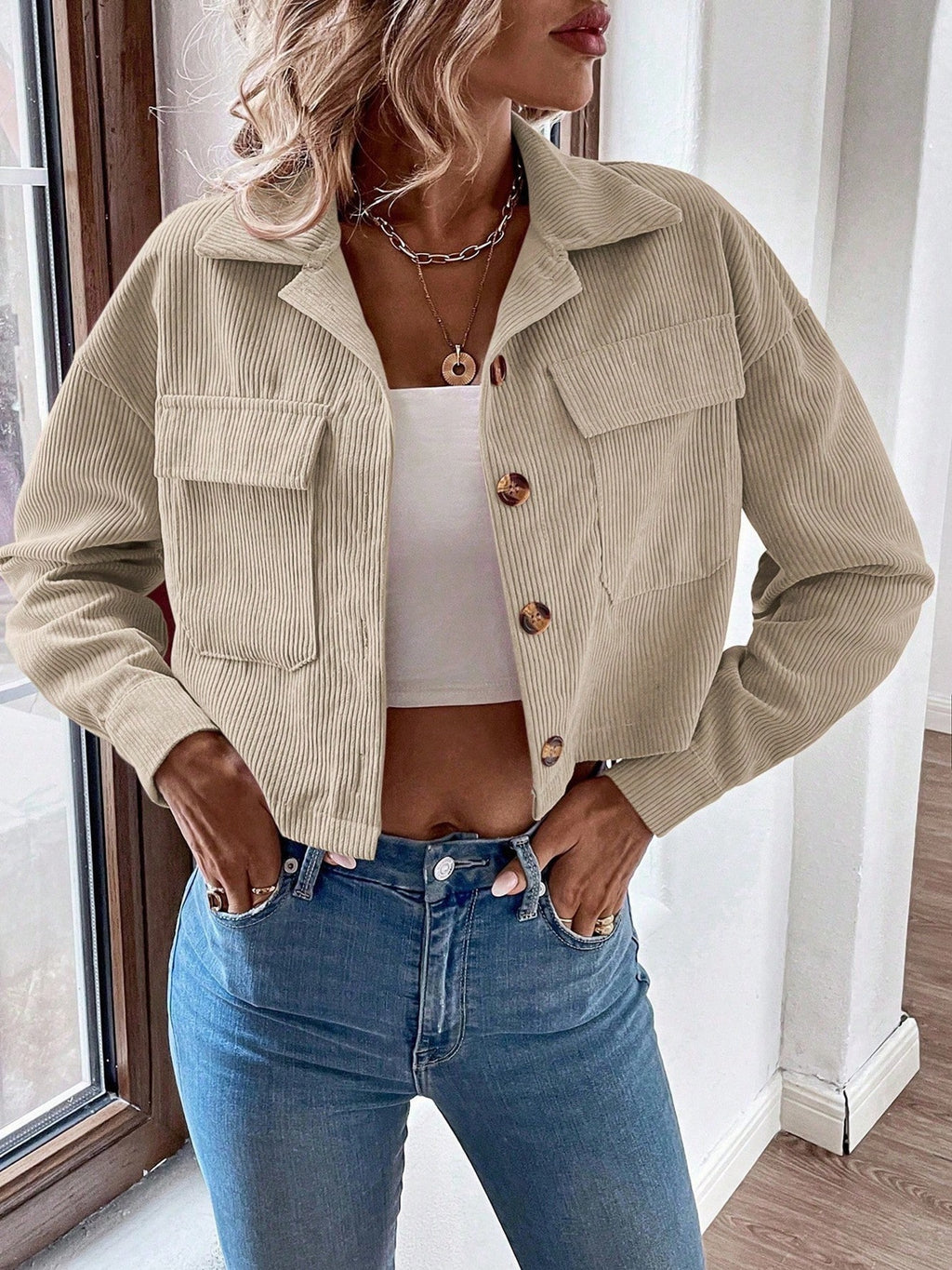 Boxy Cropped Corduroy Trucker Jacket - Apricot