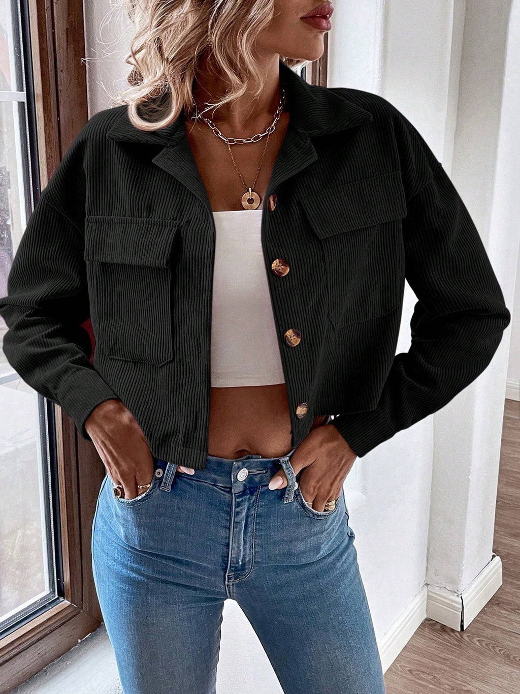 Boxy Cropped Corduroy Trucker Jacket - Black