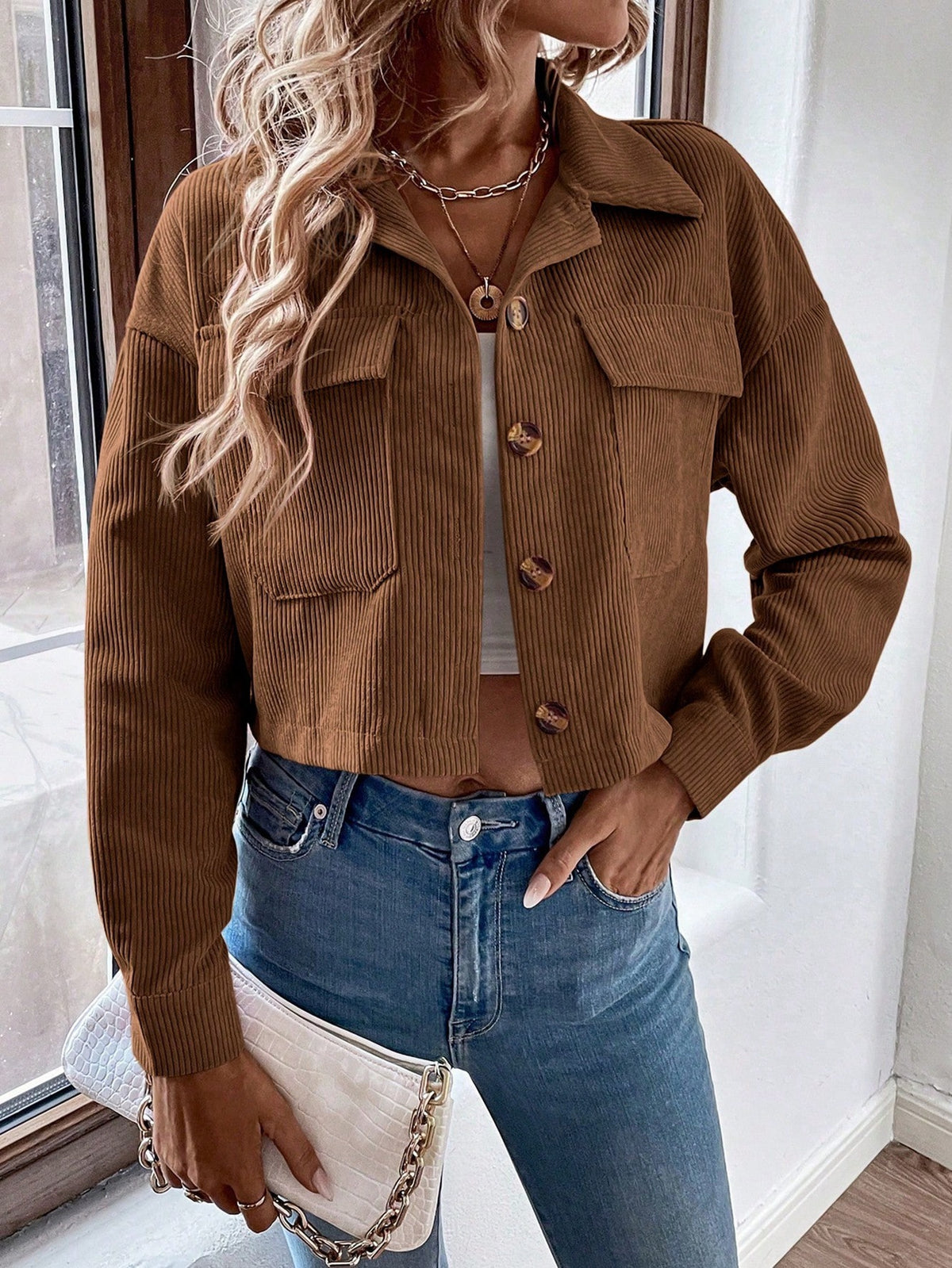 Boxy Cropped Corduroy Trucker Jacket - Brown