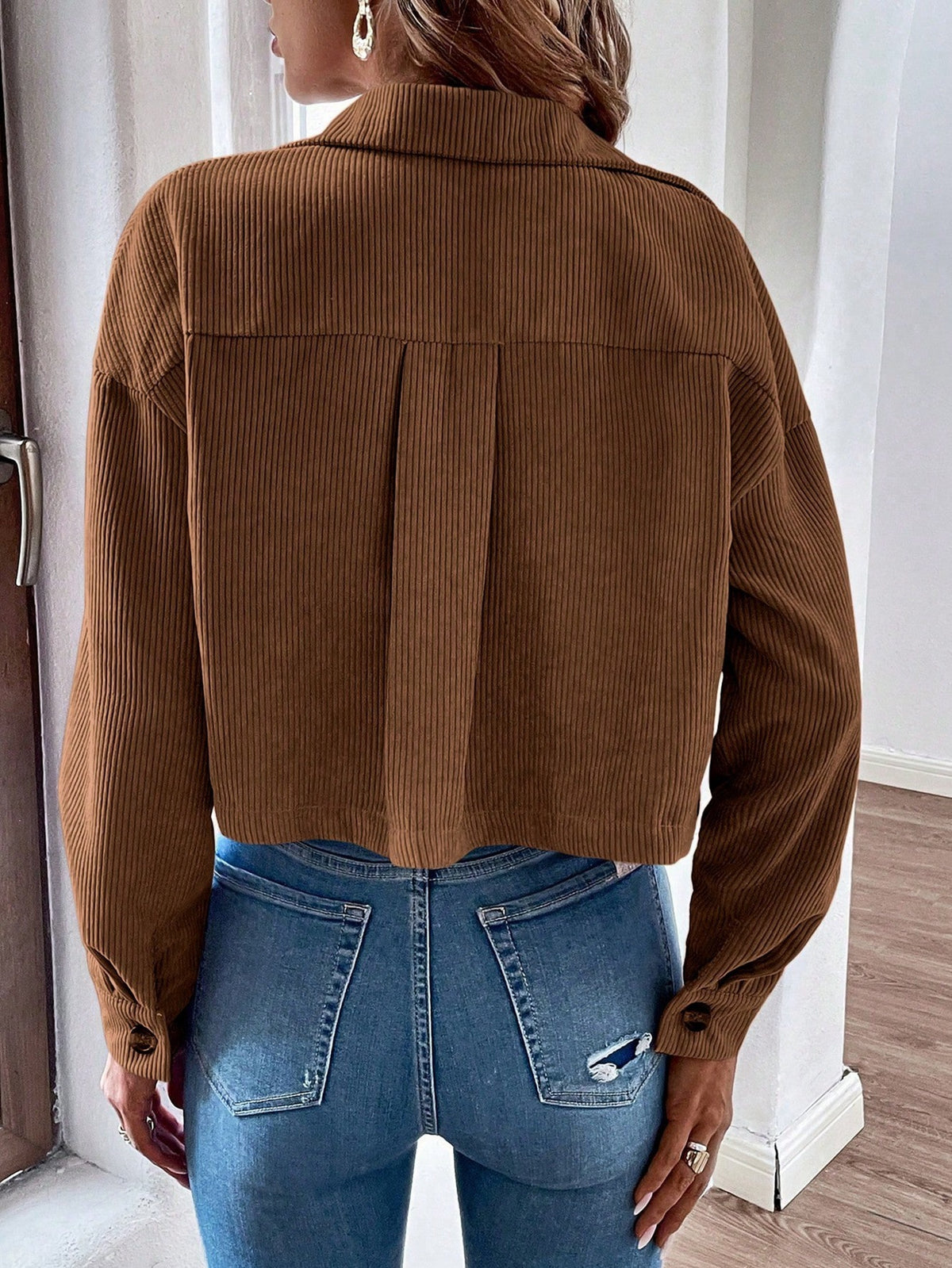 Boxy Cropped Corduroy Trucker Jacket - Brown - 1