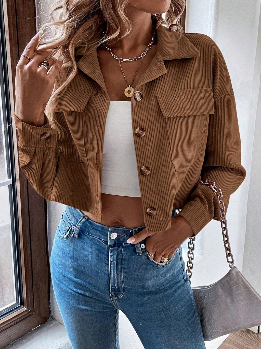 Boxy Cropped Corduroy Trucker Jacket - Brown - 2