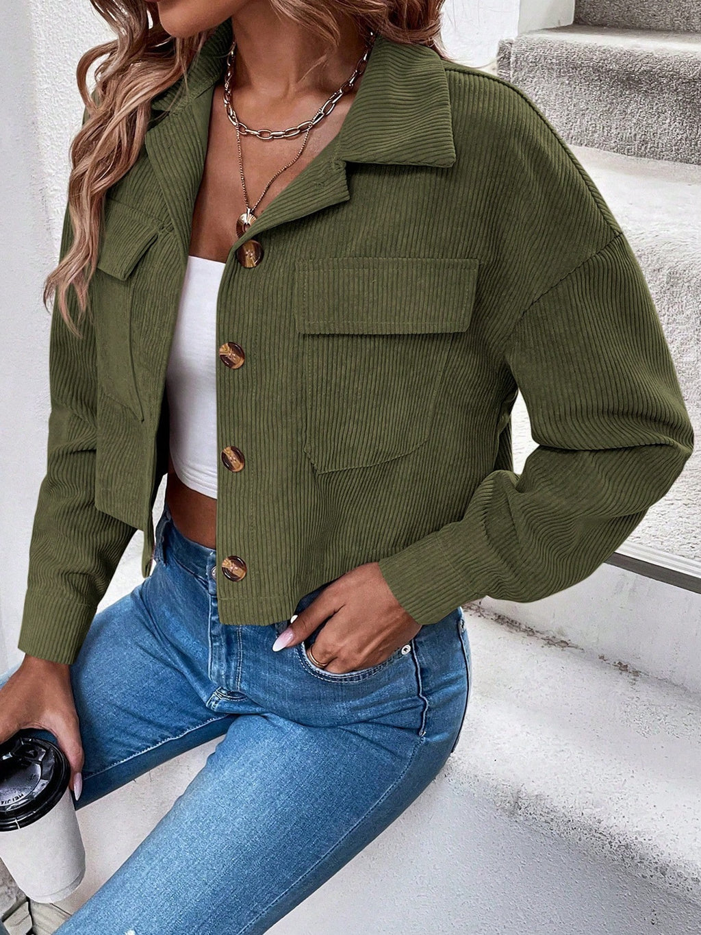 Boxy Cropped Corduroy Trucker Jacket - Green