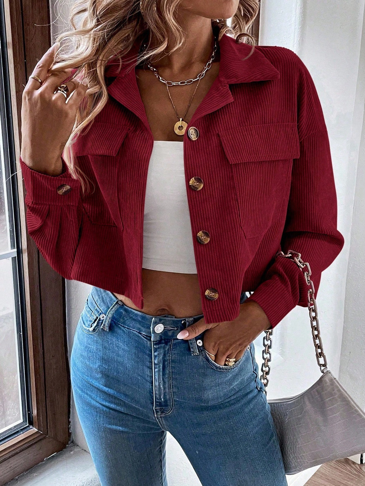 Boxy Cropped Corduroy Trucker Jacket - Winered