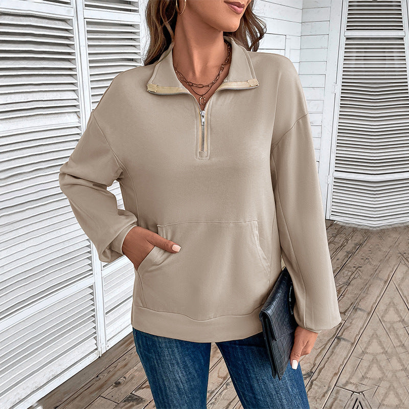 Quarter Zip Collared Sweatshirt Kangaroo Pocket - Khaki