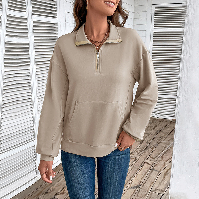 Quarter Zip Collared Sweatshirt Kangaroo Pocket - Khaki - 1