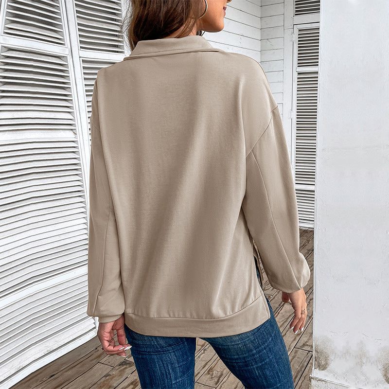 Quarter Zip Collared Sweatshirt Kangaroo Pocket - Khaki - 2