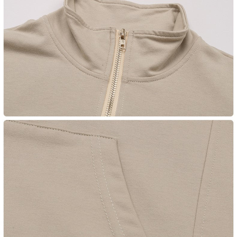 Quarter Zip Collared Sweatshirt Kangaroo Pocket - Khaki - 3