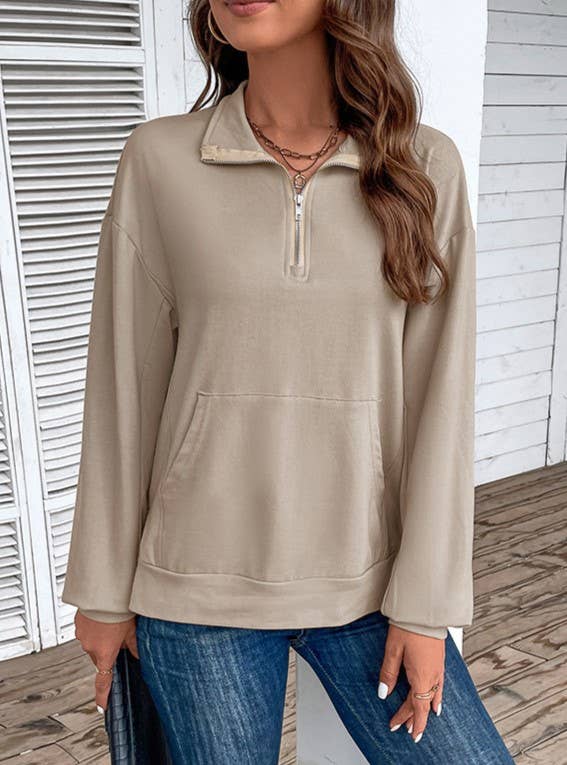 Quarter Zip Collared Sweatshirt Kangaroo Pocket