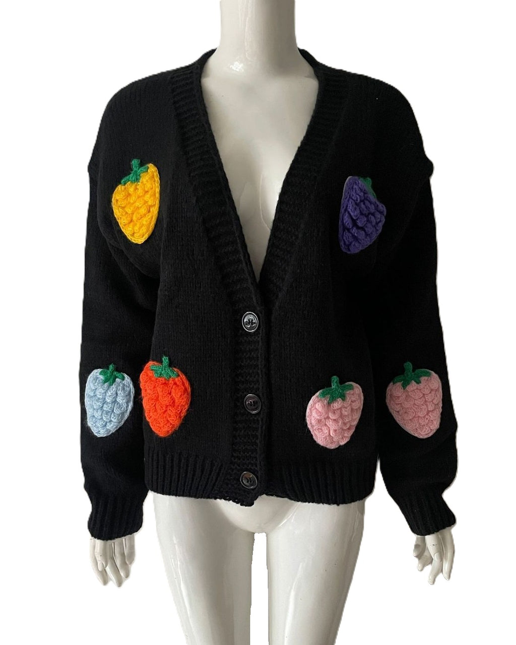 Crochet Fruit And Flower Patch Knit Cardigan - Black