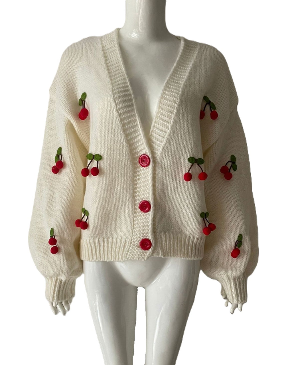 Crochet Fruit And Flower Patch Knit Cardigan - Cherry